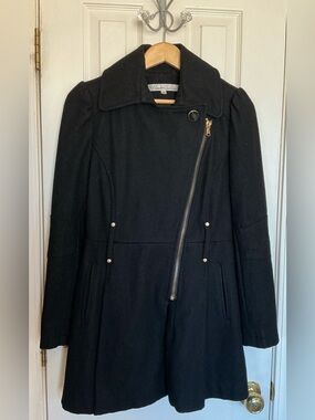 Kenneth Cole New York Black Wool-Blend Coat Asymmetrical Zipper Size 6